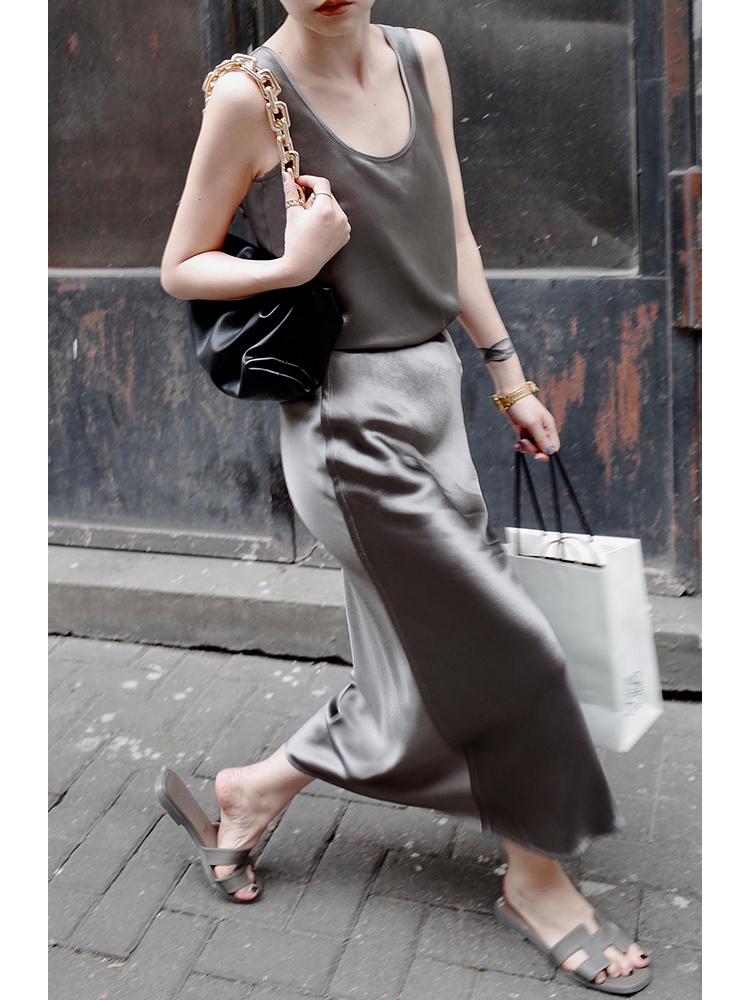 Mogas麦家银河系极简JIN口醋酸舒适背心半身裙长裙套装女