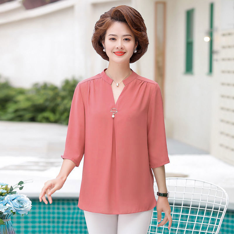 Oversized 5xl 3/4 Sleeve Mom Chiffon Causal Blusas Summer Loose Plus Size Tops Korean Fashion Chic Shirt Elegant Thin Camisas