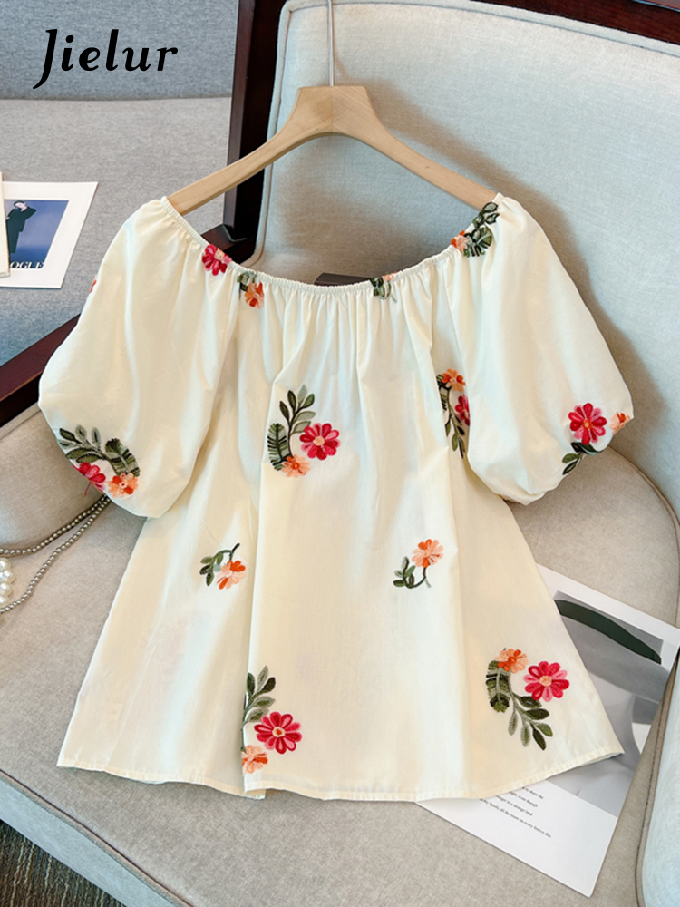 Jielur Summer New Korean Embroidery Women Blouse Ladies Sweet Elegant Blouse Woman Simple Slim Off Shoulder Floral Top Female