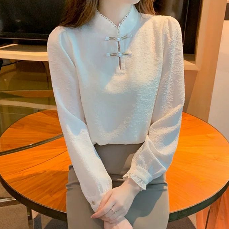 Stand Collar Panbuckle Chiffon Shirt Women's Autumn Blouse 2022 New Vintage Elegant Shirt Design Super Fairy Top Blusa