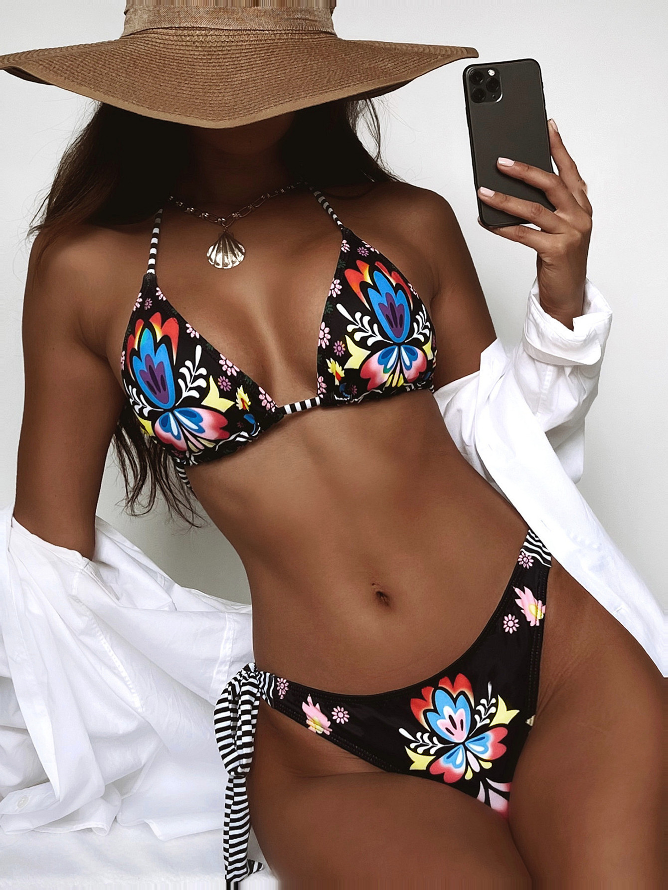 Women Flower Print Halter Lace-Up Bikini Set Boho Style Female Swimsuit Backless Push Up Swimwear Bathing Suit Beachwear Biquini