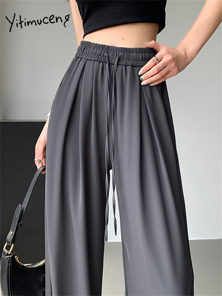 Yitimuceng Grey Lace Up Folds Trousers Women 2023 Fashion Summer High Waisted Loose Full Length Pants Korean Style Y2k Pants
