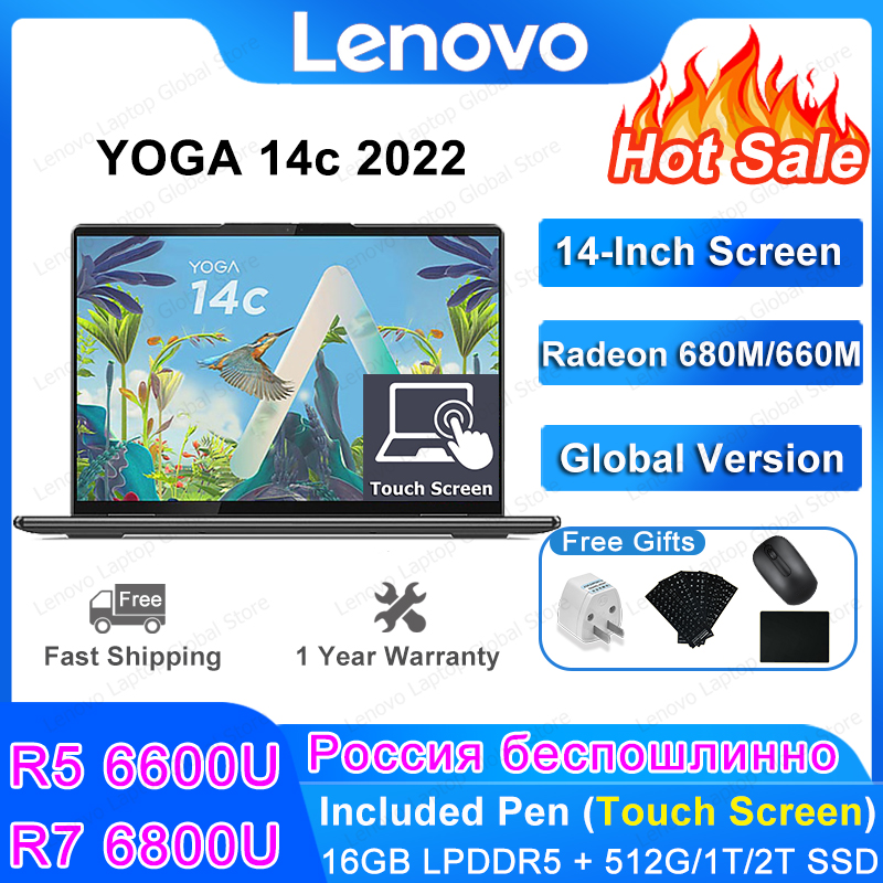 Lenovo Yoga 14c 2022 Laptop AMD Ryzen R7 6800U 16GB RAM 512GB/1TB/2TB SSD Radeon 680M Touch Screen Thin Light Notebook