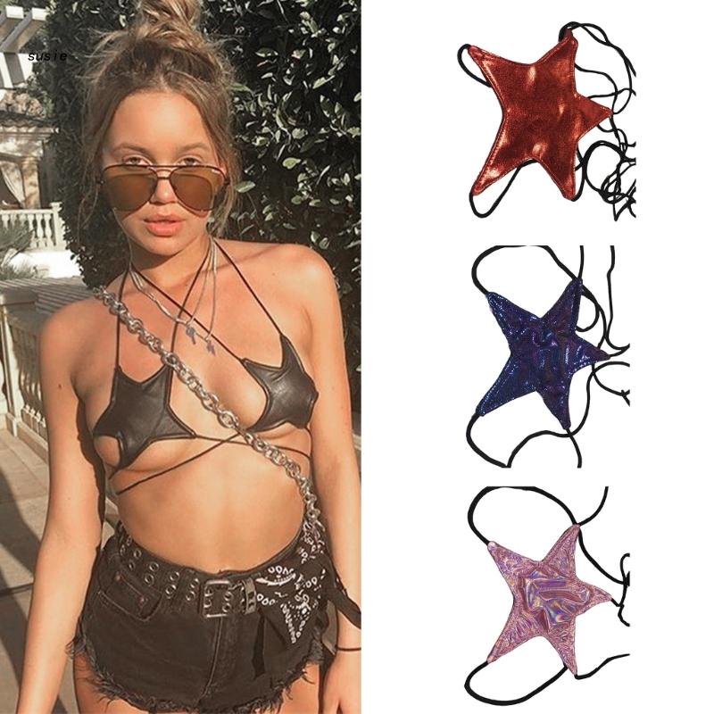 Womens Sexy Glitter Reflective Five-Pointed Star Bra Strappy Bandage Halter Top