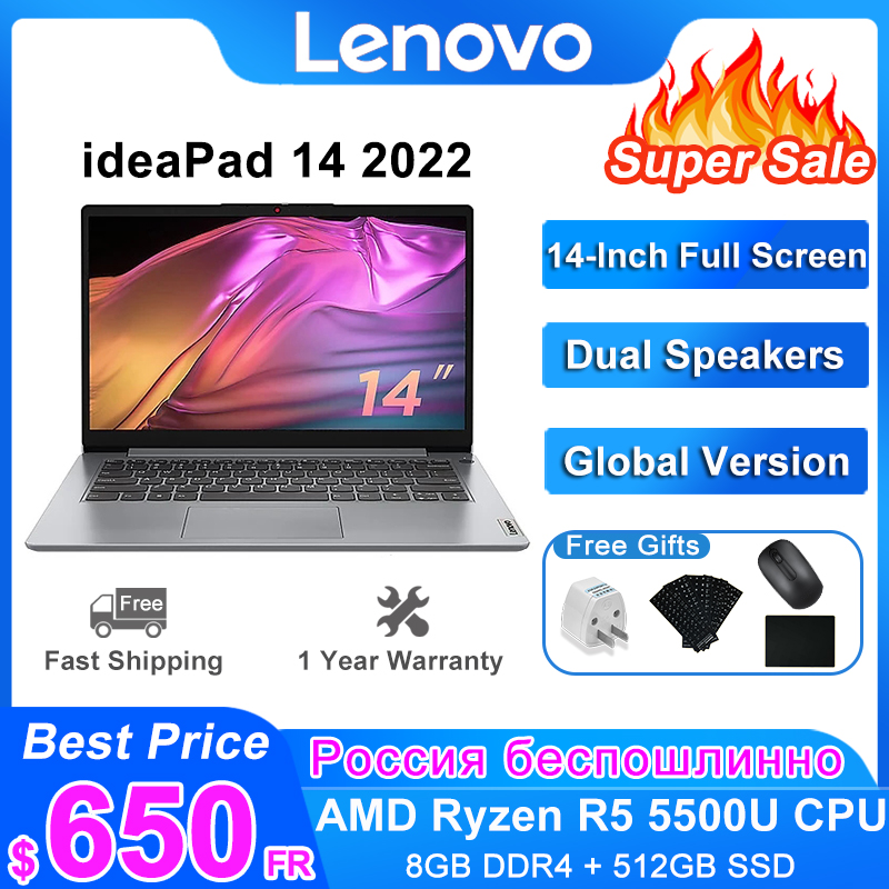 Lenovo ideaPad 14 2022 Laptop AMD Ryzen 5 5500U 8GB RAM 512G SSD 14 Inch Ultra Thin Light Windows 11 Notebook Computer PC