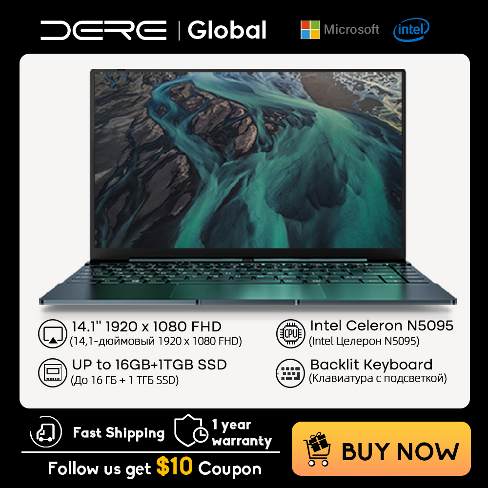 Dere Laptop V14s 14.1" 16GB RAM 1T SSD Intel Celeron N5095 Dual-band WiFi Windows Notebook Backlit Keyboard pc Portable Computer