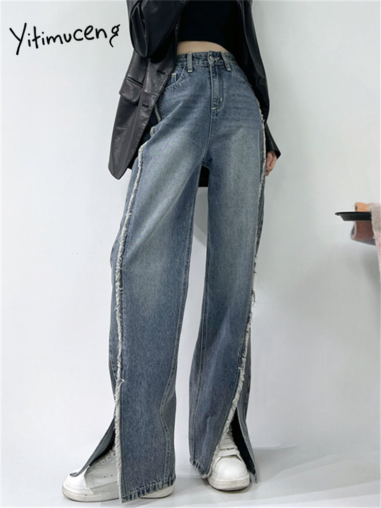Yitimuceng Blue Jeans for Women 2023 Fashion Vintage Burr Loose High Waisted Jeans Chic Split Wide Leg Jeans Full Length Pants