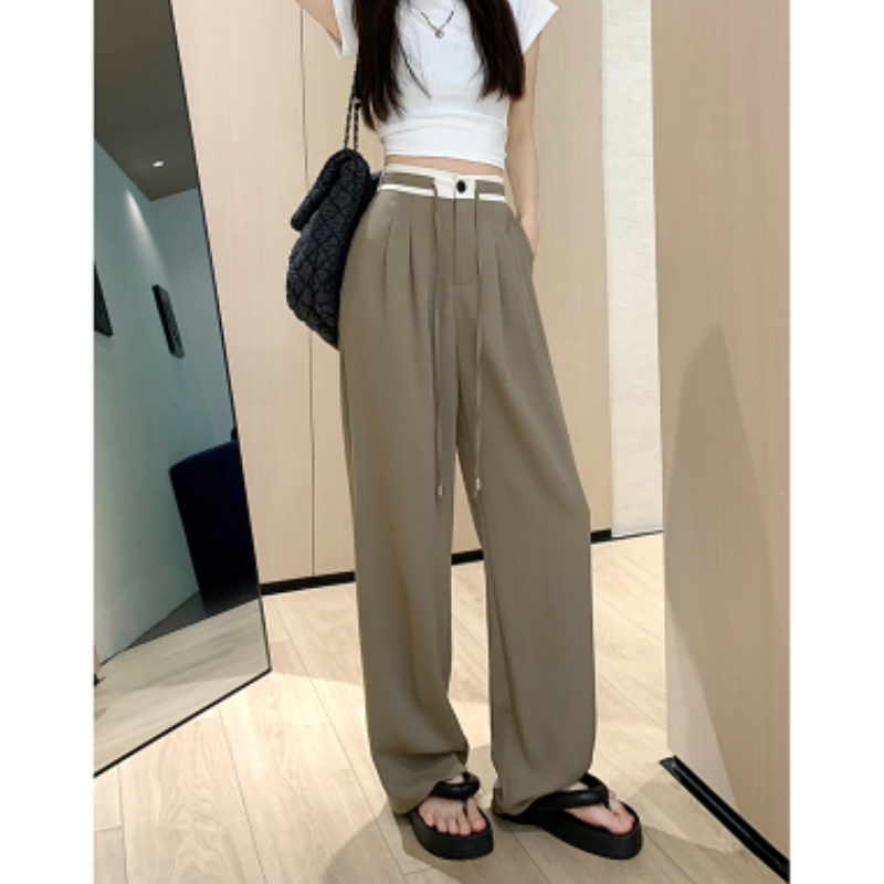 Summer Casual Black Self Cultivation Suit Pants Vintage High Waist Wide Leg Straight Pants Fashion Thin Mopping Trouser Ladies