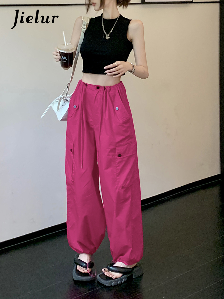 Jielur Two Piece Summer New Solid Color Slim Womne's Tank High Waist Casual Loose Pants Woman Sexy Black Sleeveless Top Female