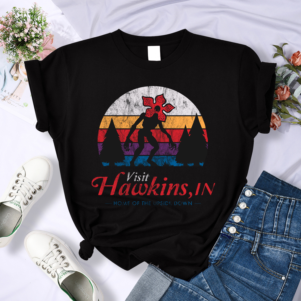 Visit Hawkins Vintage Distressed T Shirt Women Summer Casual Tshirt Fashion Street Crop Top Hip Hop Personality Tshirt Womens