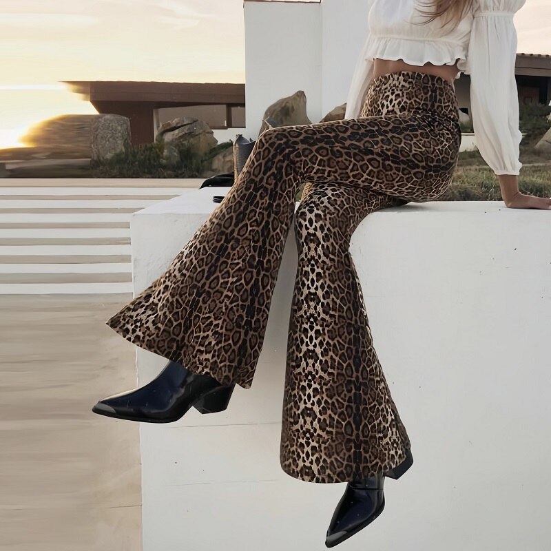 Leopard Print Flare Leggings for Women High Waist Elastic Bell Bottom Bootcut Womens Girls Flare Yoga Pants Boot Cut Trousers