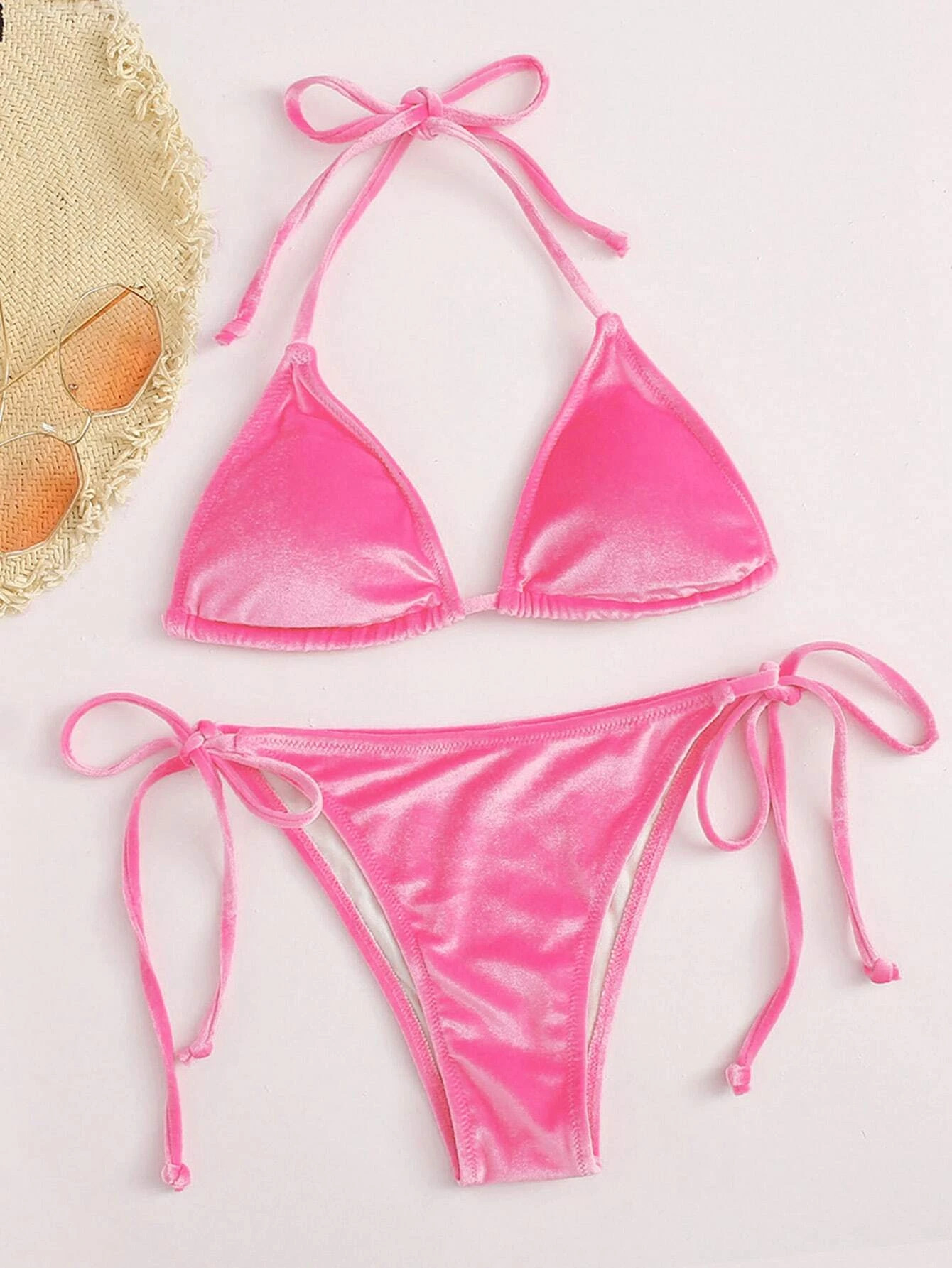 Sexy Velvet Bikini 2023 Mujer Women Solid Pink Push Up Thong Swimsuit Cut Out Bandage Bathing Suit Micro Swimwear Beach Outfits