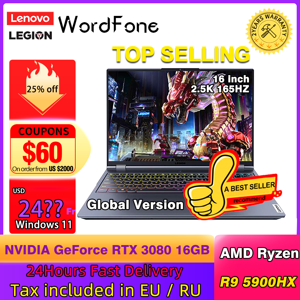 【Mega Sale】Lenovo Legion R9000K Gaming Laptop 16 Inch Notebook AMD Ryzen 9 5900HX RTX 3080 2.5K 165Hz SSD 1 TB Win11 PC Portable