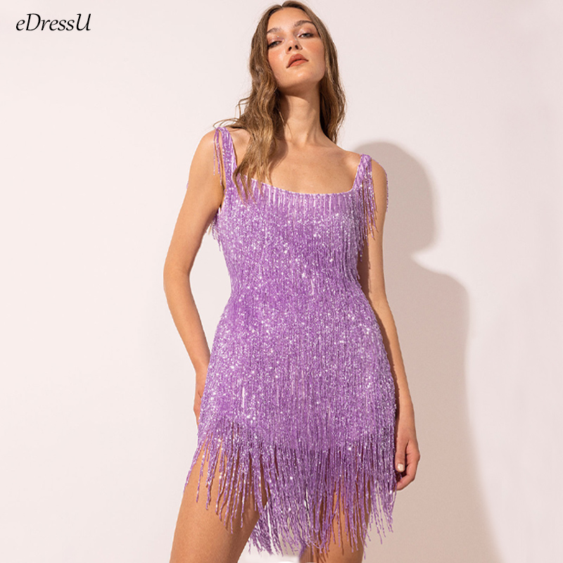 Sexy Sleeveless Fringe Shiny Club Dance Dress 2023 Tassel Evening Party Dress Above Knee Length Purple Gold Open Back YL-367