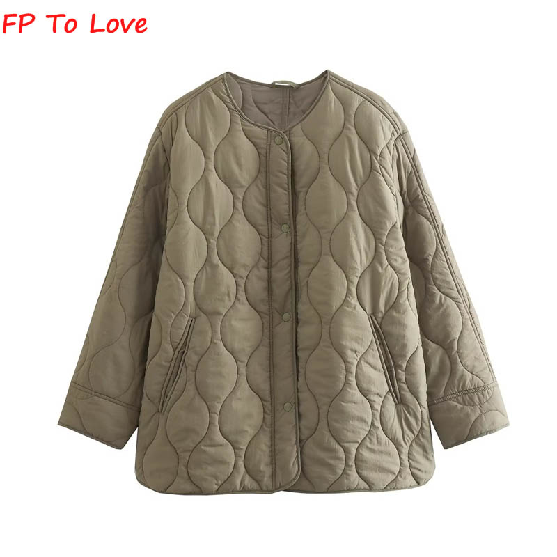 Khaki Quilted Cotton Coat Winter Blogger Straight Jacket Single Breasted Split Woman Outwears Female