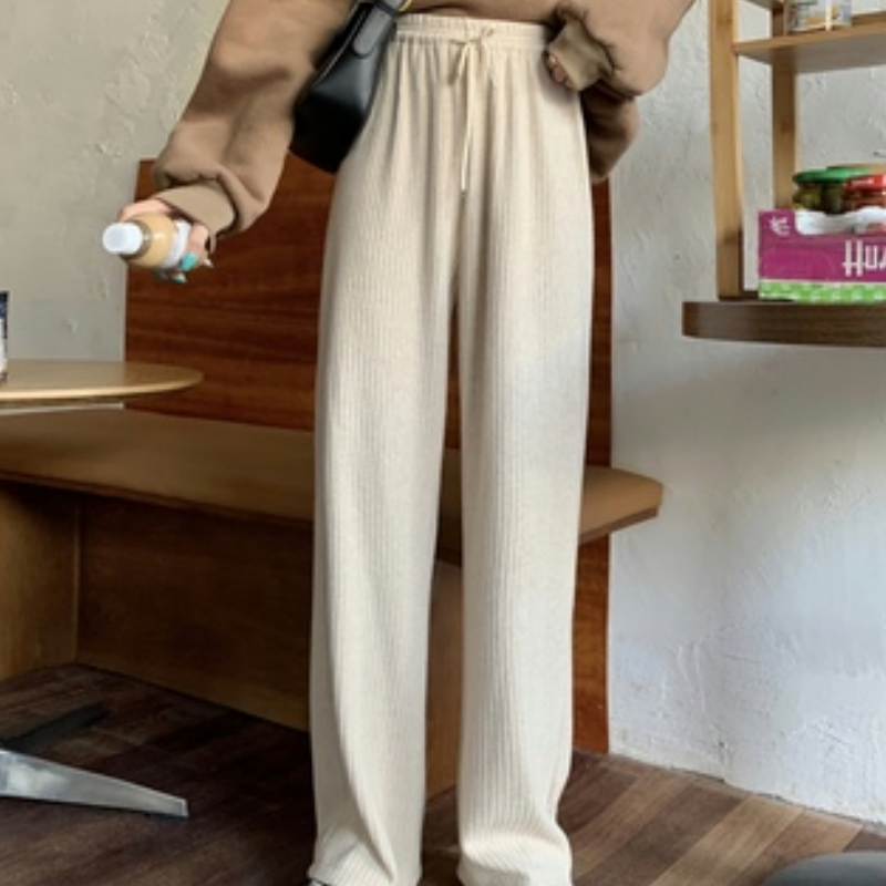 Apricot Pit Stripe Knitted Baggy Sporty Straight Tube Drape Casual Pants for Women with High Waist Slim Wide Leg Floor Long Pant