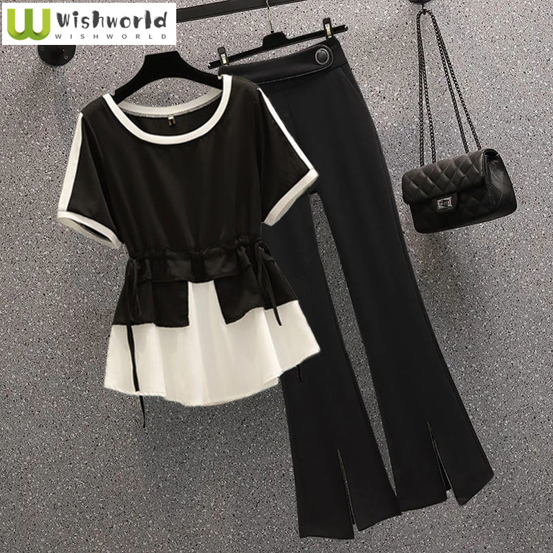 2023 Summer New Elegant Women's Pants Set Fashion Stitching Chiffon Shirt Wide Leg Pants Two-piece Set Female Blazer Blouse