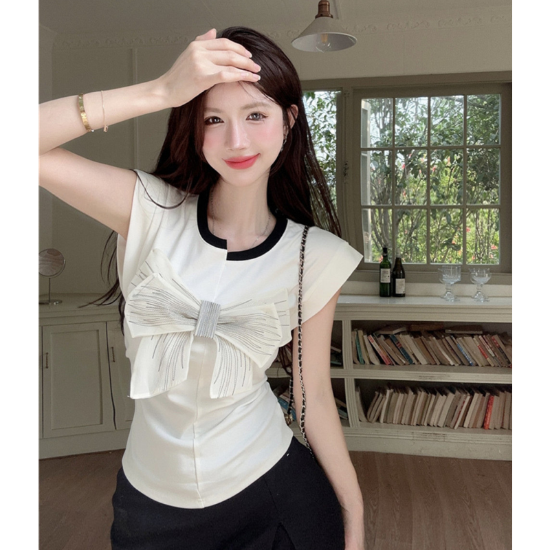 T Shirt For Women Short Sleeve Solid White Bow Personalized Trend Chic Vintage Fashion Summer Female Clothing Versatile Y2K Tops