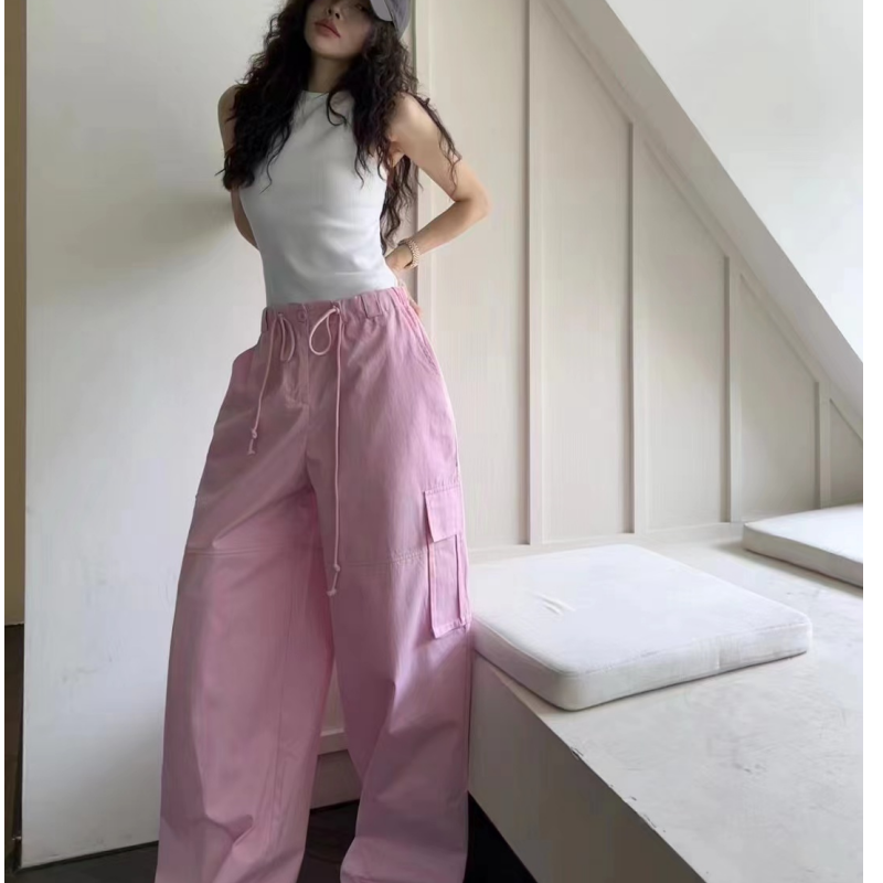 Women' Vintage White Cargo Pants Fashion Many Pocket Straight Mopping Pants High Street Y2K Baggy Wide Leg Trouser Ladies Spring