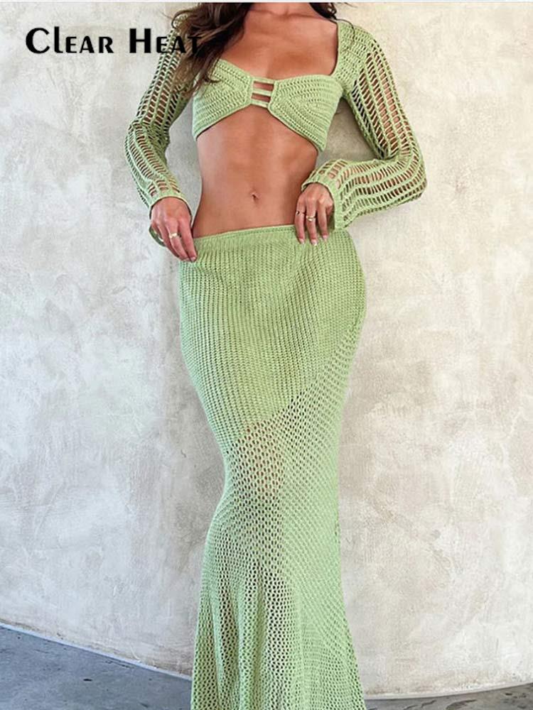 Women Solid Long Sleeve Knit Skirt 2 Pieces Set Knitted Crop Top High Waist Skirts Suit 2023 Summer Female Beach Vocation Outfit